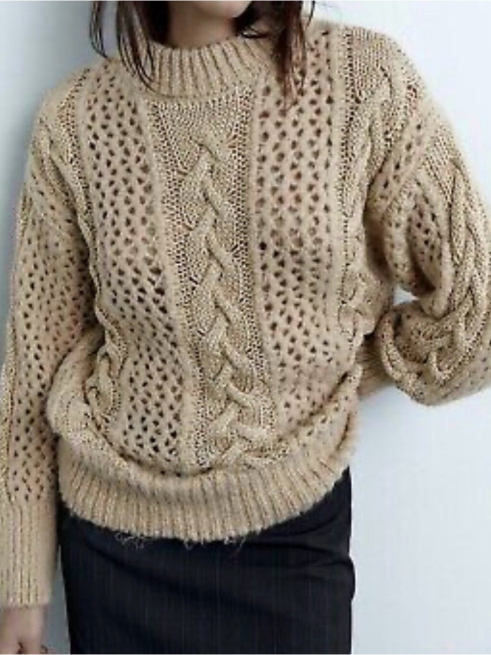 Zara Open-Knit Cable Turtleneck Sweater - Beige